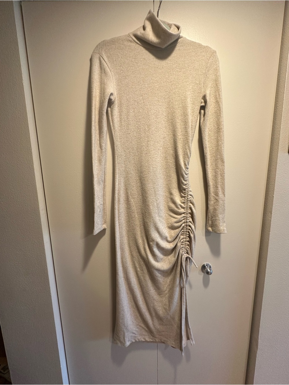 Bershka Cream Turtleneck Midi Dress with Ruched Side